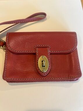 Fossil Red Leather Wristlet Clutch with Turn-Lock Accent